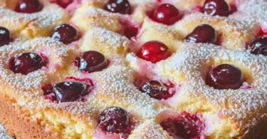 Quark Kirschkuchen in einer Backform, frisch gebacken und dekoriert.
