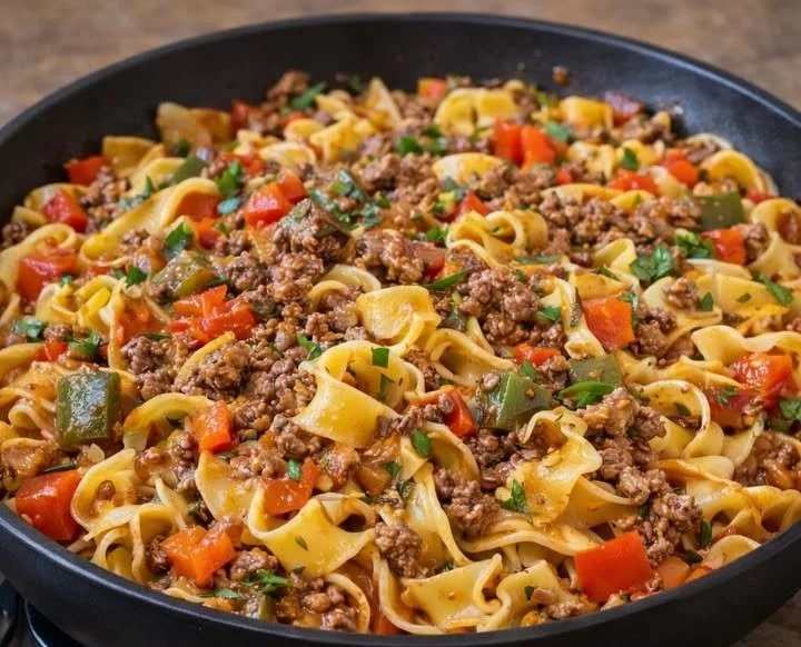 Schnelle Nudel Hackfleisch Pfanne mit frischen Zutaten