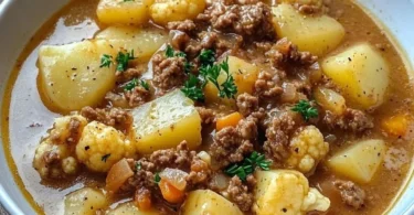 Blumenkohl Hack Kartoffel Eintopf in einer Schüssel serviert