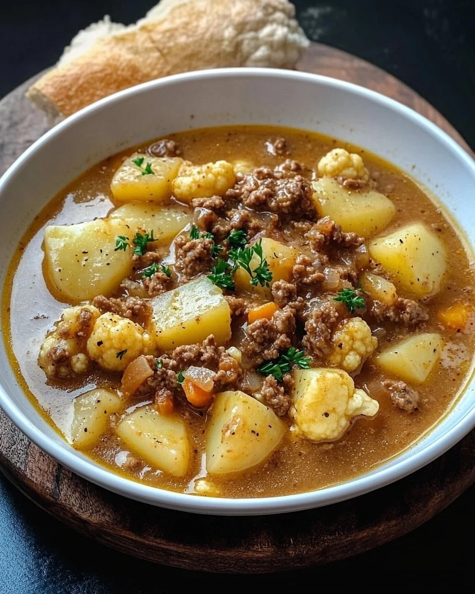Blumenkohl Hack Kartoffel Eintopf in einer Schüssel serviert