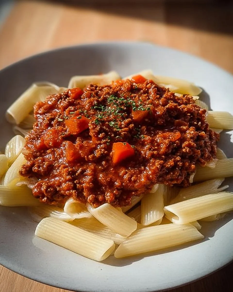 Schüssel mit frisch zubereiteter Bolognesesauce auf einem Holztisch