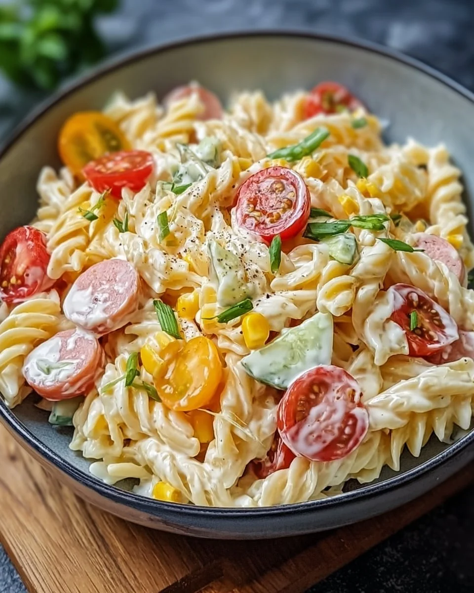 Bunter Nudelsalat mit Mayonnaise in einer Schale angerichtet