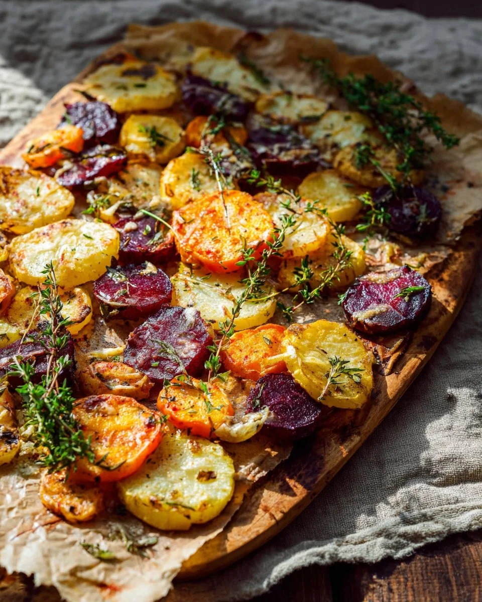 Buntes Kartoffelgratin mit Gemüse auf einem Teller angerichtet