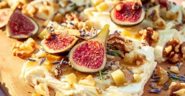 Butterbrett mit Feigen und Zwiebeln serviert auf einem rustikalen Tisch