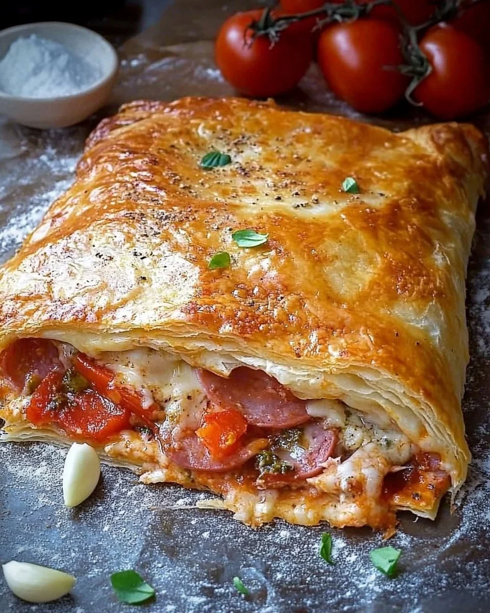 Leckere Calzone aus Blätterteig mit frischen Zutaten auf einem Teller