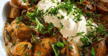 Leckere Champignons in Knoblauchsoße serviert auf einem Teller