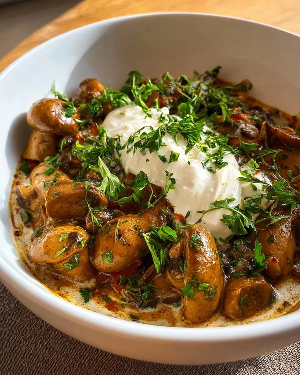 Leckere Champignons in Knoblauchsoße serviert auf einem Teller