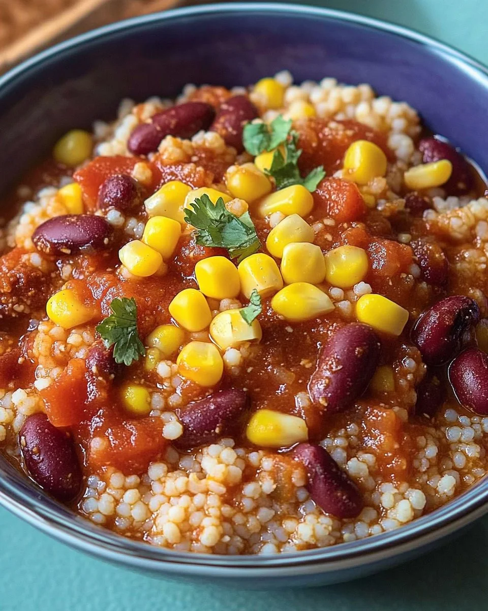 Schüssel mit Chili sin Carne und Couscous, gesundes veganes Gericht