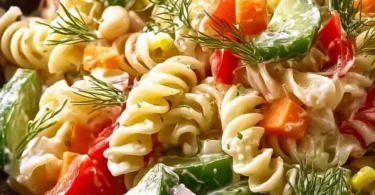 Cremiger Nudelsalat mit frischem Gemüse und Sauce auf einem Teller