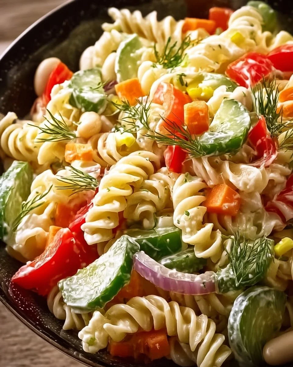 Cremiger Nudelsalat mit frischem Gemüse und Sauce auf einem Teller