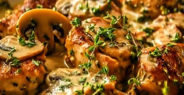 Cremiges Hähnchen mit Reis auf einem Teller serviert.