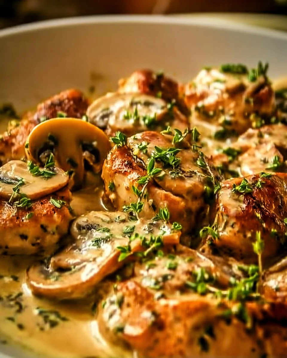 Cremiges Hähnchen mit Reis auf einem Teller serviert.