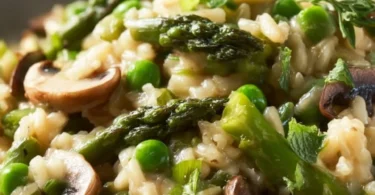 Cremiges Spargel-Pilz-Risotto mit Parmesan auf einem Teller.