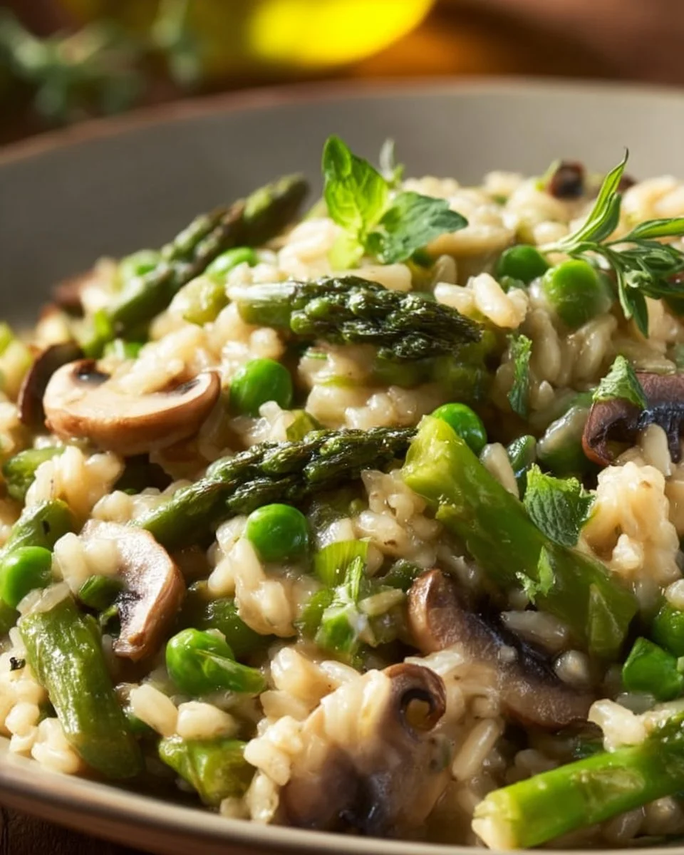 Cremiges Spargel-Pilz-Risotto mit Parmesan auf einem Teller.
