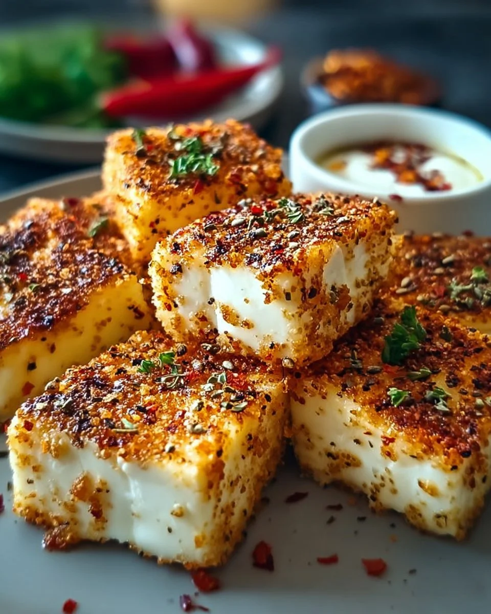 Knuspriger Feta aus dem Airfryer auf einem Tisch serviert