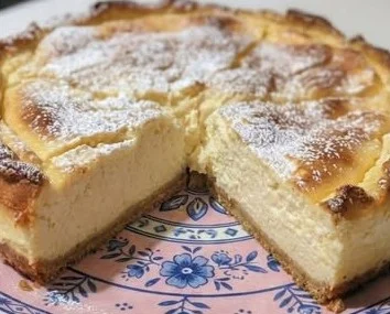 Deutscher Käsekuchen mit frischer Quarkfüllung und goldbraunem Boden.