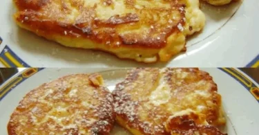 Fluffige Apfel-Pfannkuchen mit Quark auf einem Teller serviert