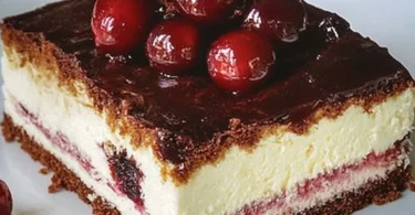 Donauwelle Kuchen mit Schokolade und Vanille in einem eleganten Stück präsentiert.