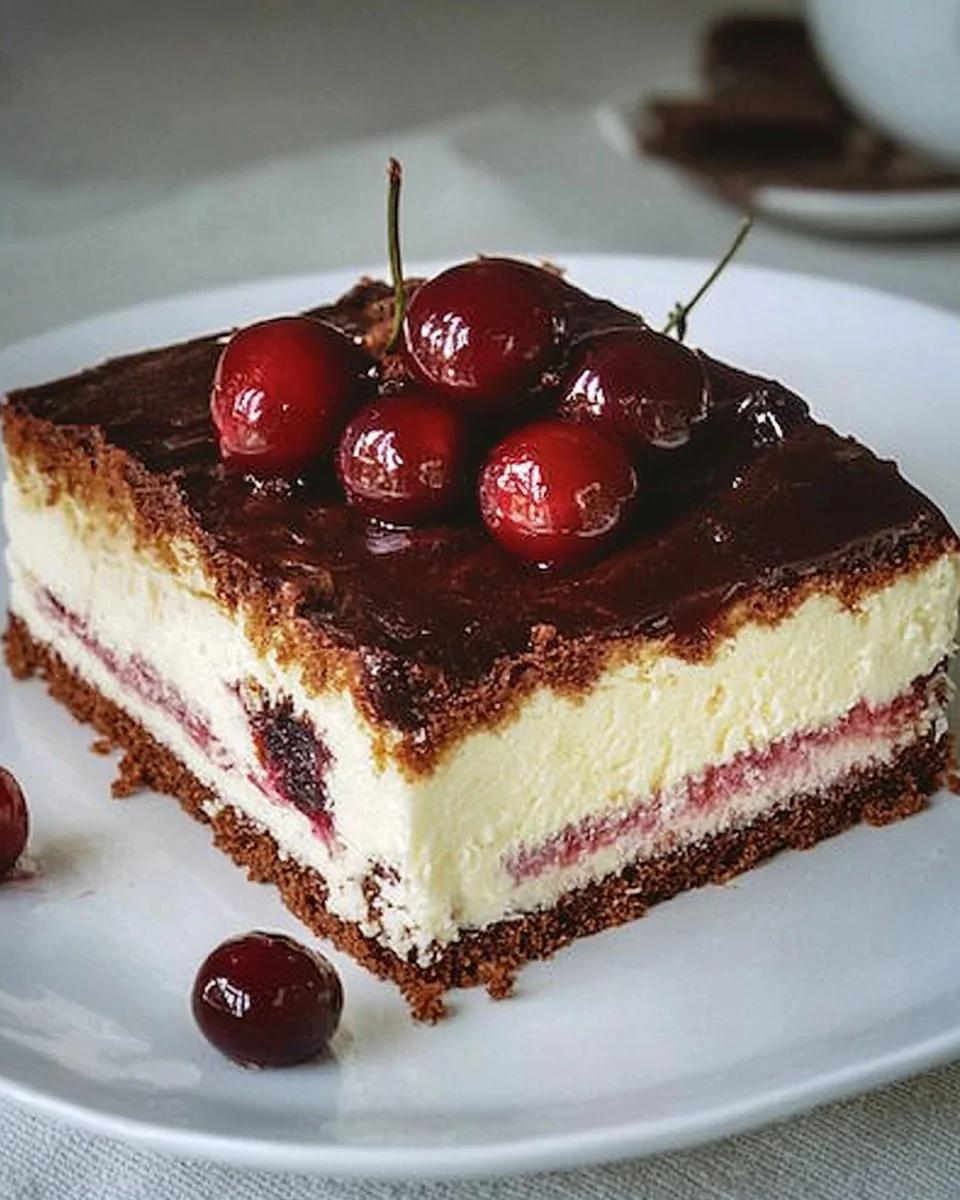 Donauwelle Kuchen mit Schokolade und Vanille in einem eleganten Stück präsentiert.