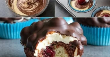 Donauwellen Muffins mit Kirschfüllung und Schokoladenglasur