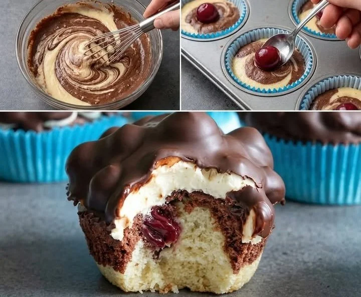 Donauwellen Muffins mit Kirschfüllung und Schokoladenglasur