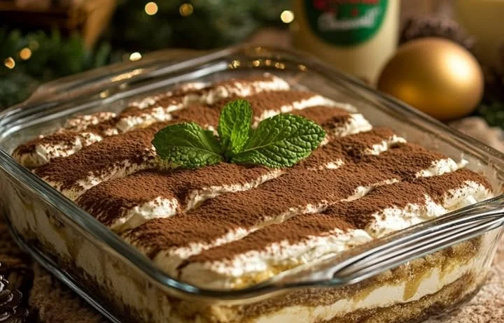 Eierlikör-Tiramisu mit Mascarpone in einer eleganten Dessertschale