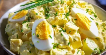 Leckerer Eiersalat in einer Schüssel garniert mit frischen Kräutern