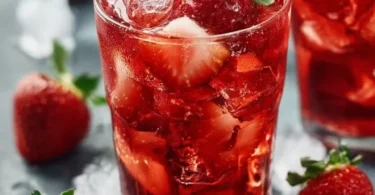 Erfrischender Erdbeer-Eistee in einem Glas mit Erdbeerscheiben
