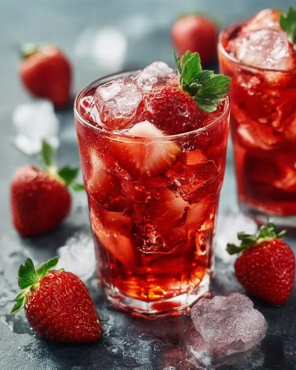 Erfrischender Erdbeer-Eistee in einem Glas mit Erdbeerscheiben