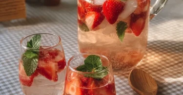 Erdbeer Hugo Cocktail mit frischen Erdbeeren und Prosecco in einem Glas