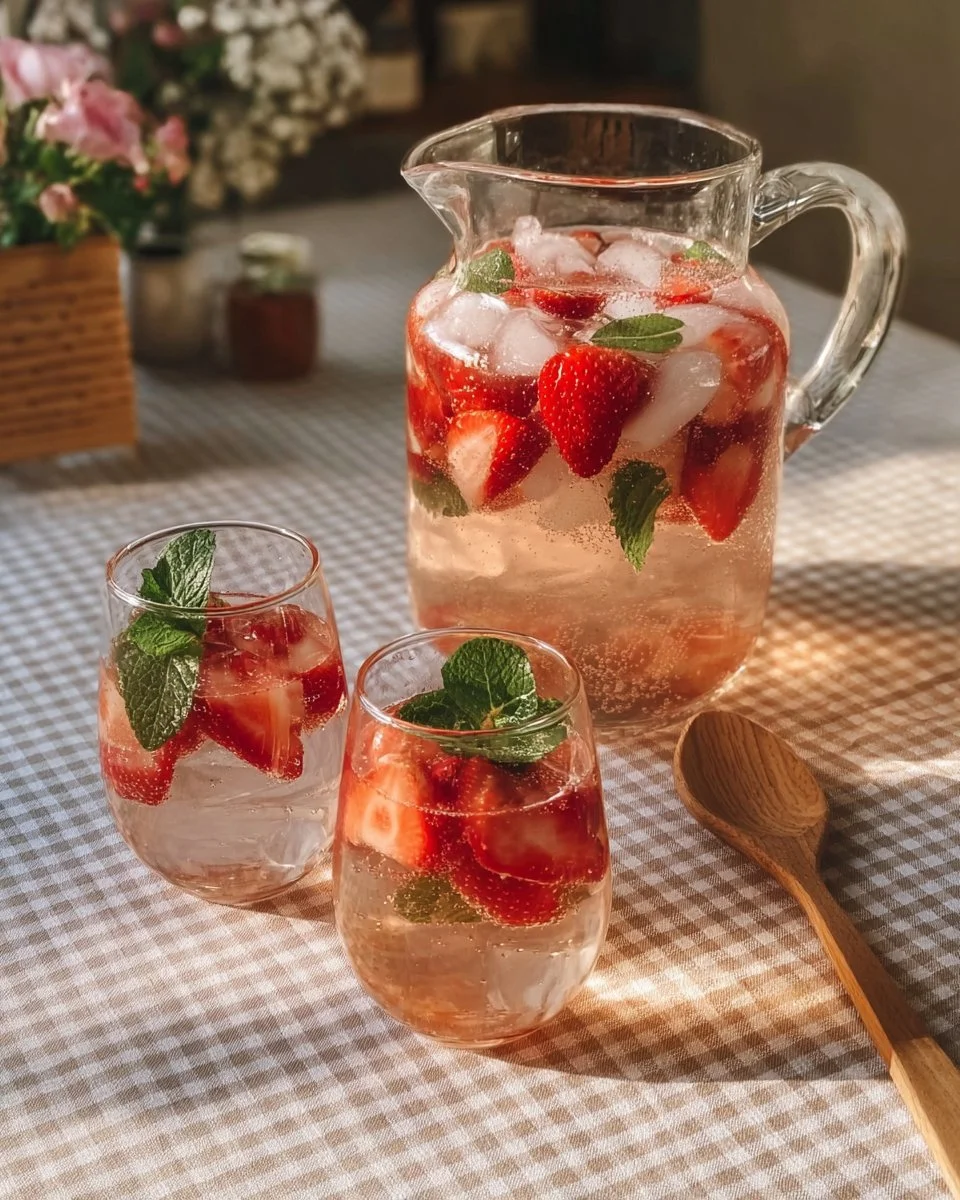 Erdbeer Hugo Cocktail mit frischen Erdbeeren und Prosecco in einem Glas