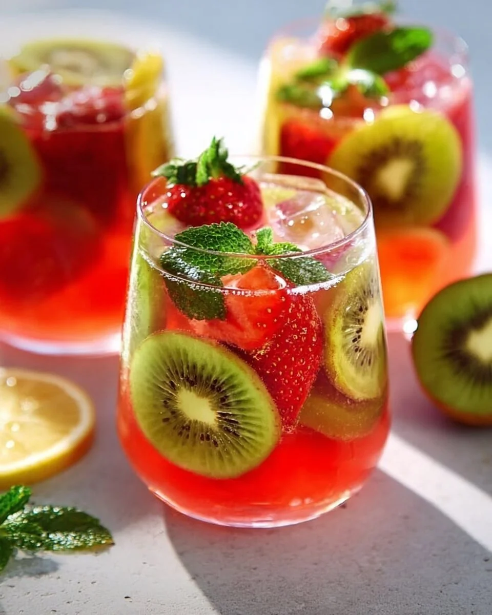 Glas Erdbeer-Kiwi-Limonade mit frischen Früchten im Hintergrund