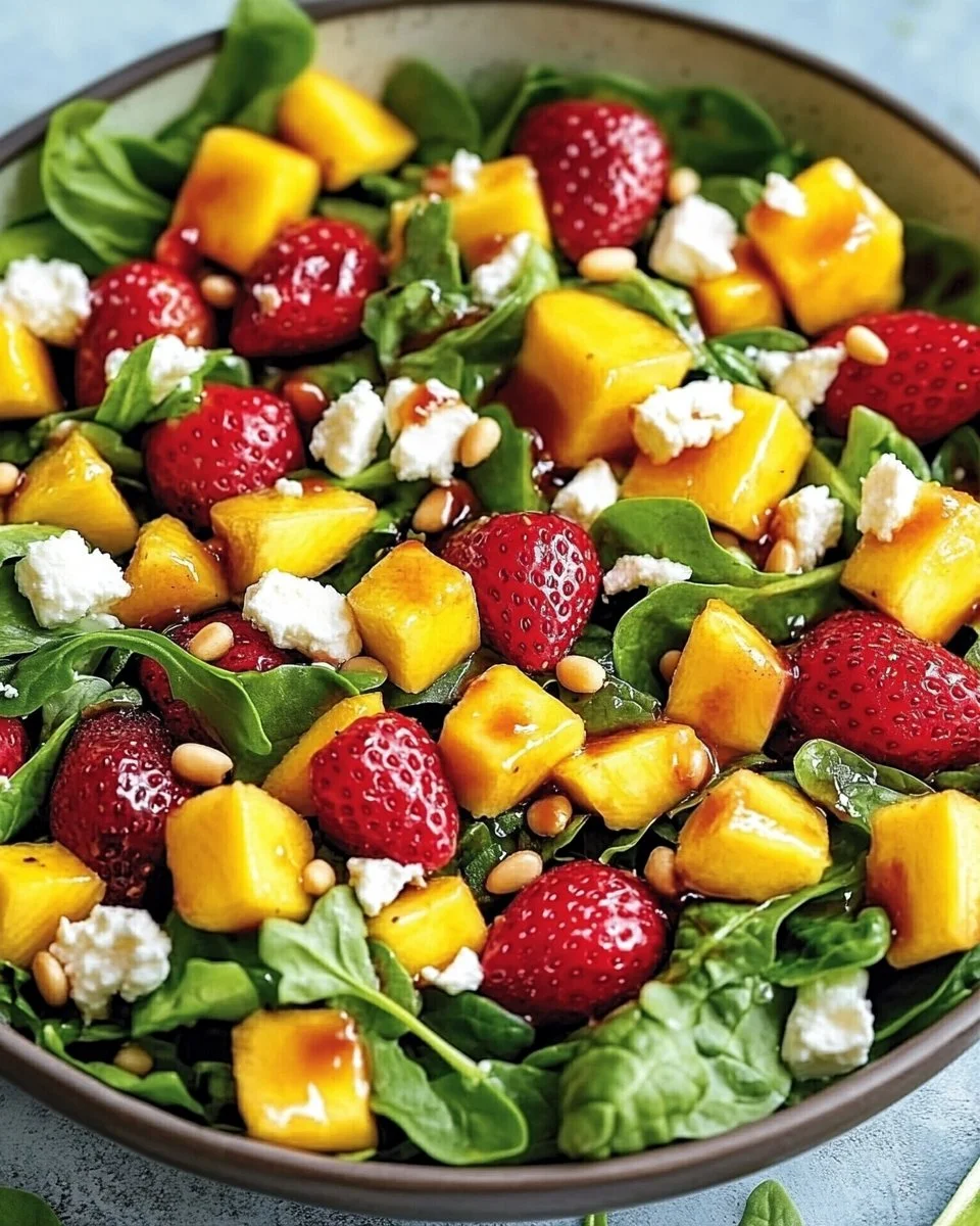 Erdbeer-Mango-Salat mit Spinat, Rucola und Feta auf einem Teller