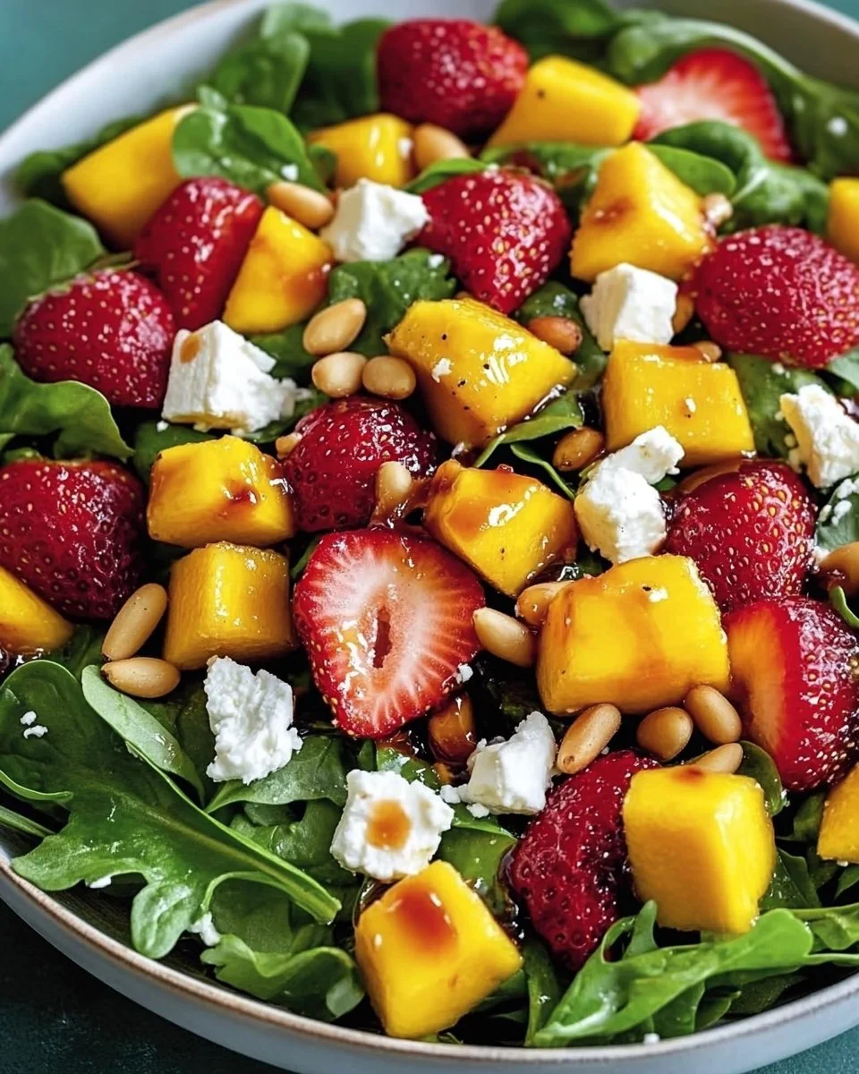 Erdbeer-Mango-Salat mit Spinat, Rucola und Feta