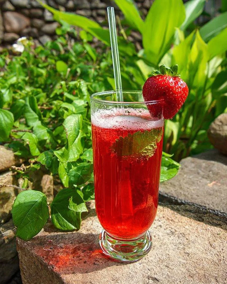 Erfrischender Erdbeer-Punsch in einem Glas mit Erdbeeren und Minze.