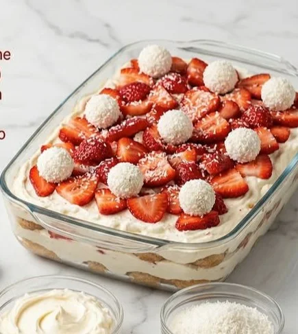 Erdbeer Raffaello Tiramisu in einer schönen Dessertschale serviert.