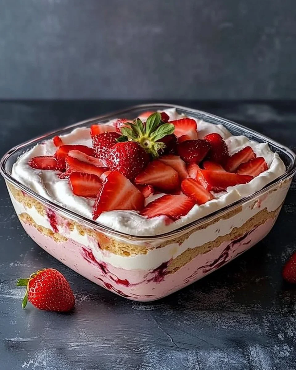 Leckeres Erdbeer-Tiramisu in einer eleganten Schale serviert.