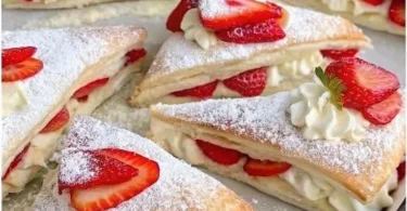 Erdbeerkissen aus Blätterteig, frisch gebacken mit saftigen Erdbeeren