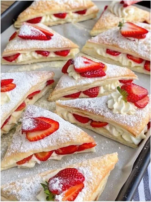 Erdbeerkissen aus Blätterteig, frisch gebacken mit saftigen Erdbeeren