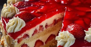 Frischer Erdbeerkuchen auf einem Teller mit frischen Erdbeeren