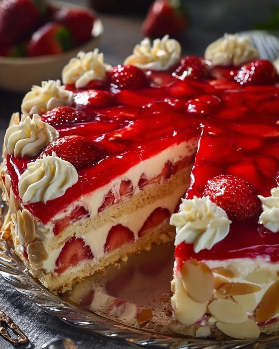 Frischer Erdbeerkuchen auf einem Teller mit frischen Erdbeeren
