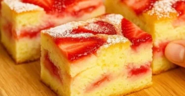 Erdbeerkuchen mit Pudding, dekoriert mit frischen Erdbeeren und Sahne