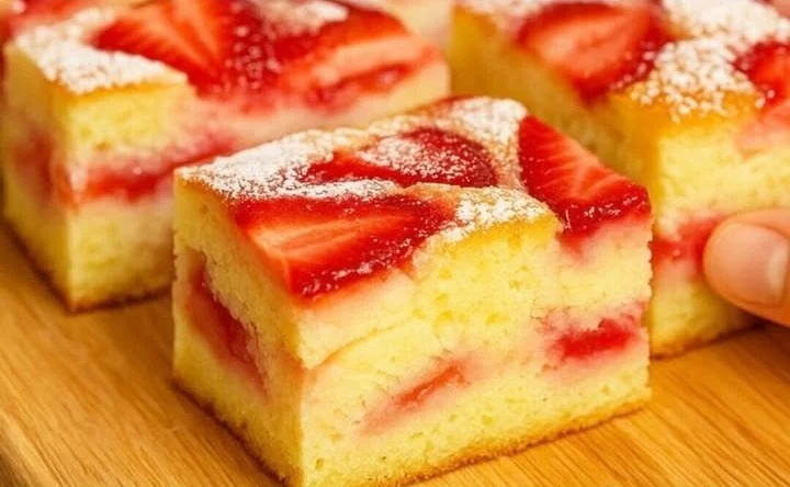 Erdbeerkuchen mit Pudding, dekoriert mit frischen Erdbeeren und Sahne