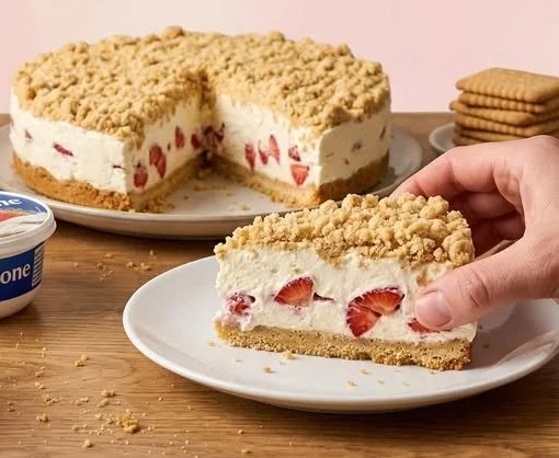 Erdbeerkuchen ohne Backen mit frischen Erdbeeren und Sahne