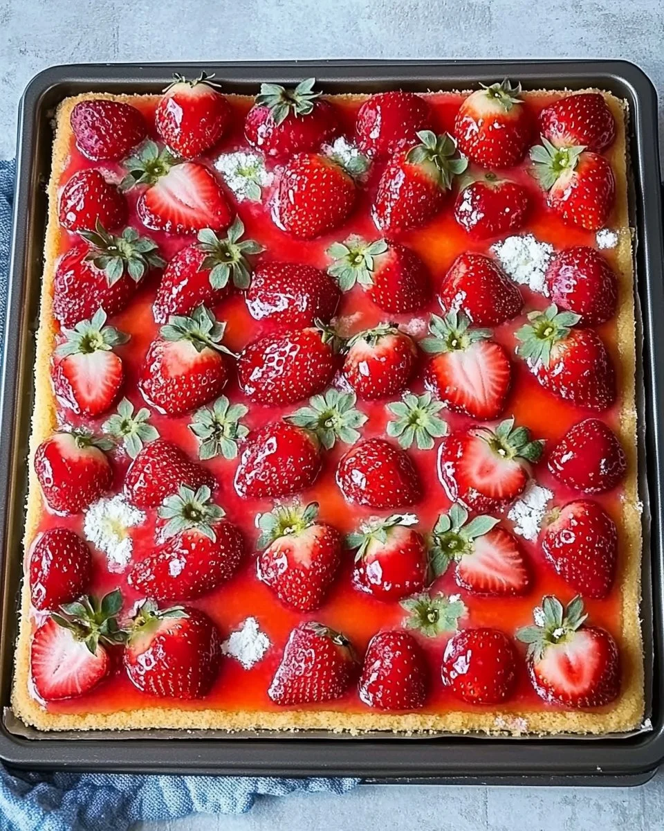 Erdbeerkuchen vom Blech mit frischen Erdbeeren und Sahne