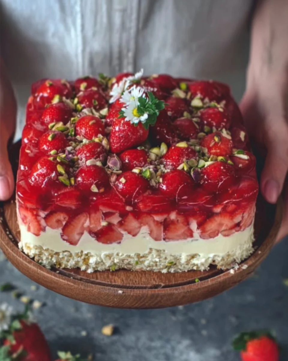 Erdbeerkuchen vom Blech mit Vanillepudding auf einem Teller serviert.