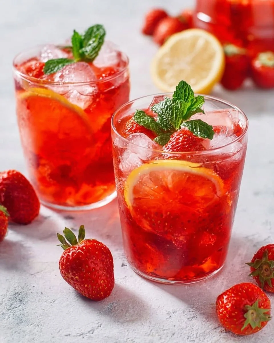 Erfrischende Erdbeerlimo in einem Glas mit frischen Erdbeeren