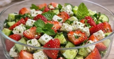 Erdbeersalat mit Feta und frischer Minze auf einem Teller ansprechend angerichtet.