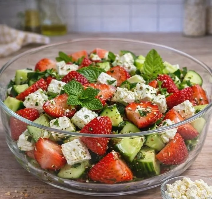 Erdbeersalat mit Feta und frischer Minze auf einem Teller ansprechend angerichtet.