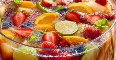Eine bunte Schüssel mit erfrischender Bowle und Früchten